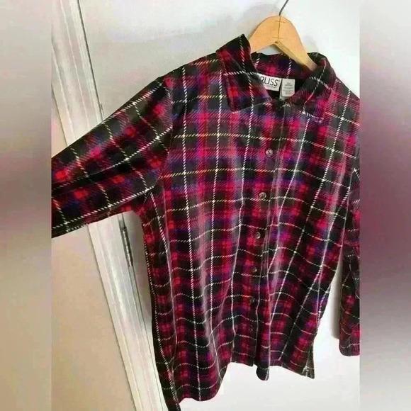 Russ a Liz Claiborne Company plaid velvet button up lightweight coat size M - Picture 2 of 12